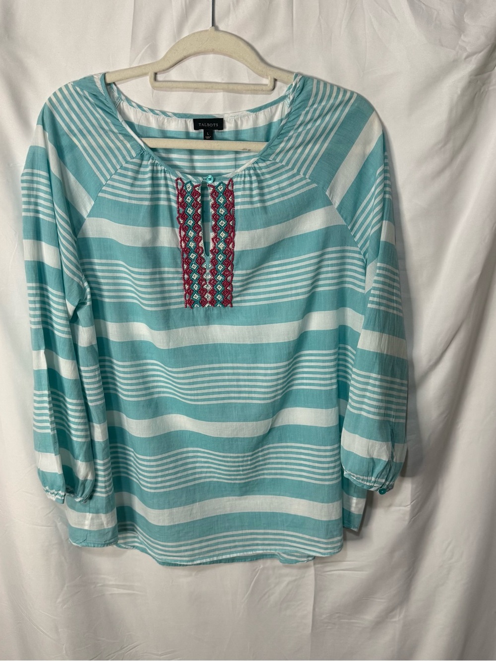 Talbots Turquoise & White Striped Beaded Peasant Tunic